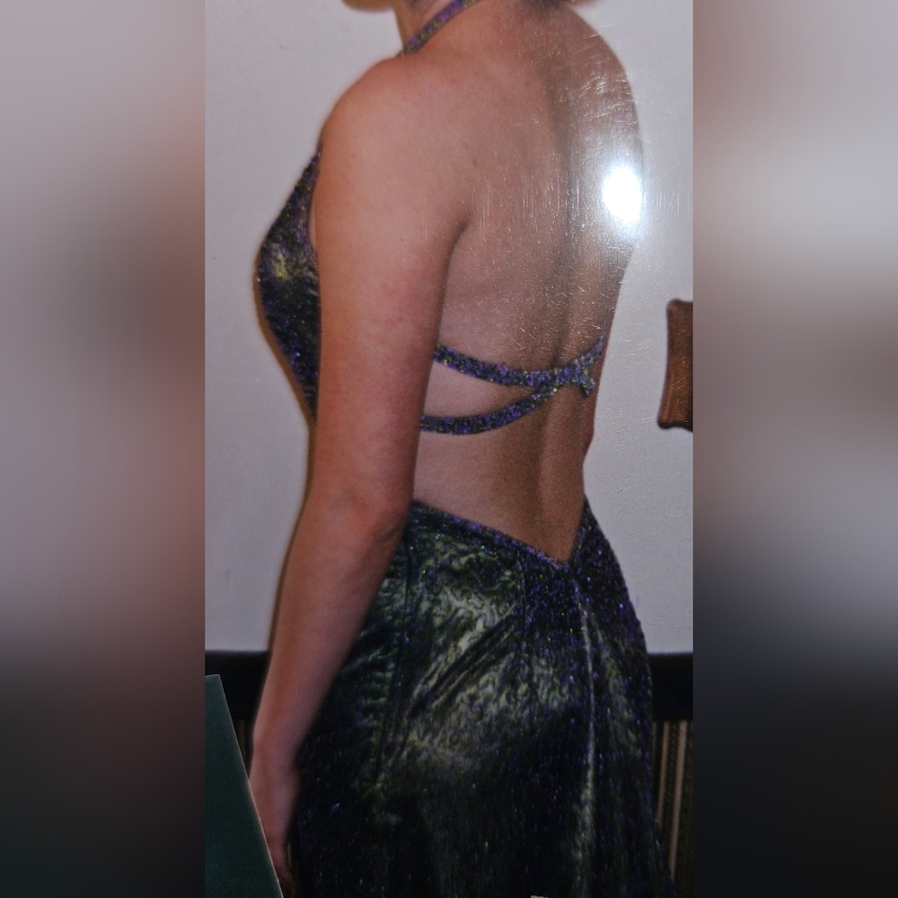 Je Matadi Gown Beaded Silk Fabric Shell Prom Formal Glam Purple Green Dress - Picture 5 of 17